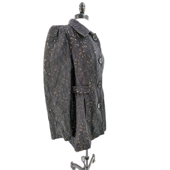 Marisa Christina Womens Coat Single Breasted Open Knit Black Lace Beige Lining M - Picture 9 of 16